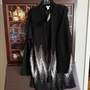 NWT Chicos Flame Stitch Open Cardigan Sweater Size 2 Black